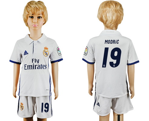 2016-17 Real Madrid #19 MODRIC Home Soccer Youth White Shirt Kit