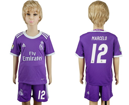 2016-17 Real Madrid #12 MARCELO Away Soccer Youth Purple Shirt Kit