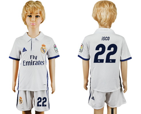 2016-17 Real Madrid #22 ISCO Home Soccer Youth White Shirt Kit