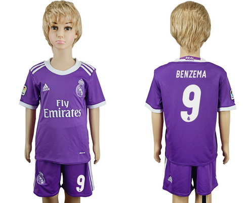 2016-17 Real Madrid #9 BENZEMA Away Soccer Youth Purple Shirt Kit