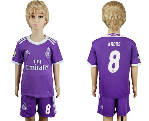 2016-17 Real Madrid #8 KROOS Away Soccer Youth Purple Shirt Kit