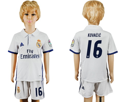 2016-17 Real Madrid #16 KOVACIC Home Soccer Youth White Shirt Kit