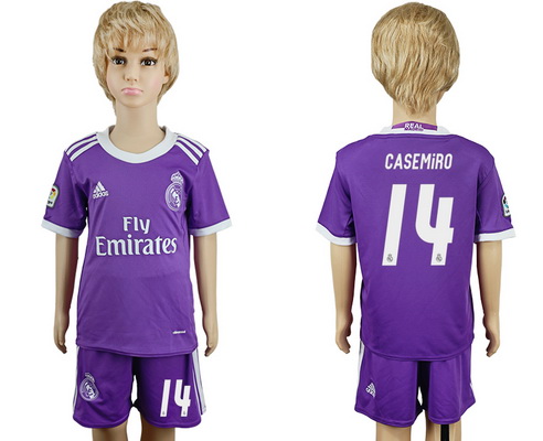 2016-17 Real Madrid #14 CASEMIRO Away Soccer Youth Purple Shirt Kit