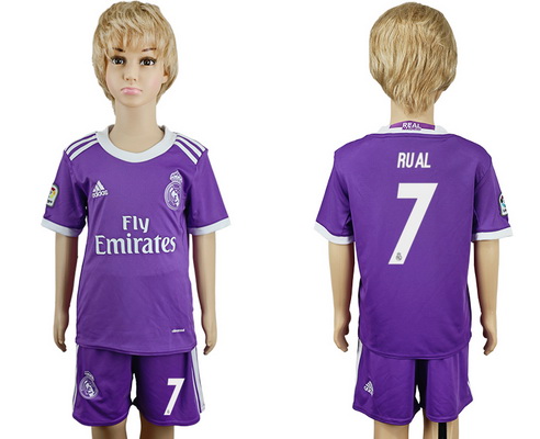 2016-17 Real Madrid #7 RUAL Away Soccer Youth Purple Shirt Kit