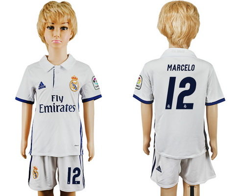 2016-17 Real Madrid #12 MARCELO Home Soccer Youth White Shirt Kit