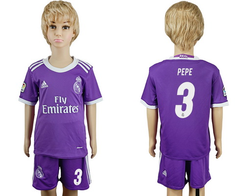 2016-17 Real Madrid #3 PEPE Away Soccer Youth Purple Shirt Kit