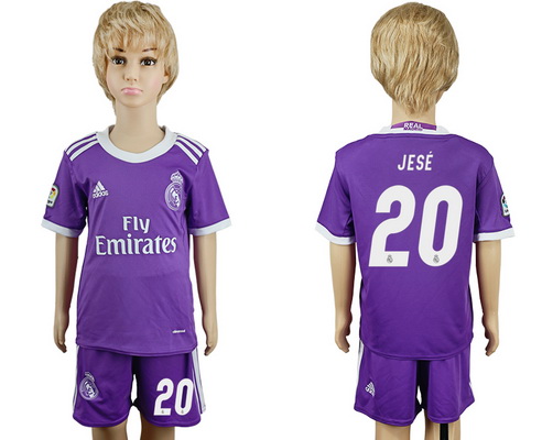 2016-17 Real Madrid #20 JESE Away Soccer Youth Purple Shirt Kit