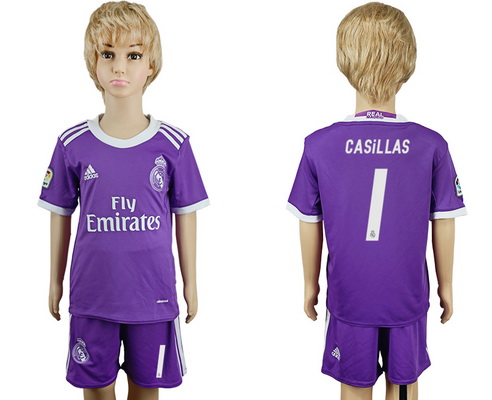 2016-17 Real Madrid #1 CASILLAS Away Soccer Youth Purple Shirt Kit