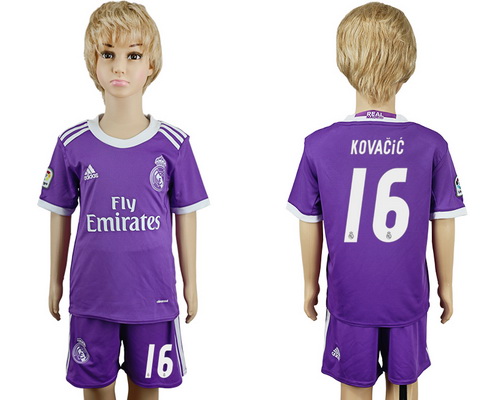 2016-17 Real Madrid #16 KOVACIC Away Soccer Youth Purple Shirt Kit