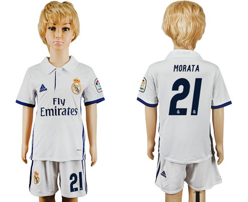 2016-17 Real Madrid #21 MORATA Home Soccer Youth White Shirt Kit