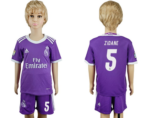 2016-17 Real Madrid #5 ZIDANE Away Soccer Youth Purple Shirt Kit