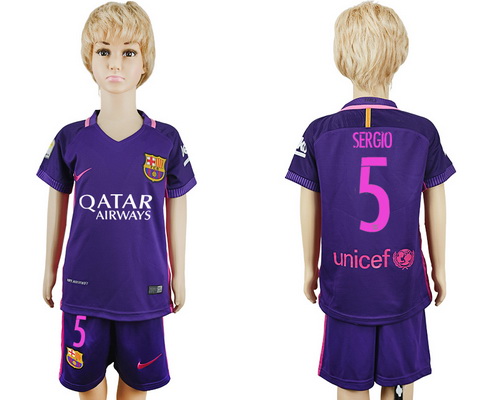 2016-17 Barcelona #5 SERGIO Away Soccer Youth Purple Shirt Kit