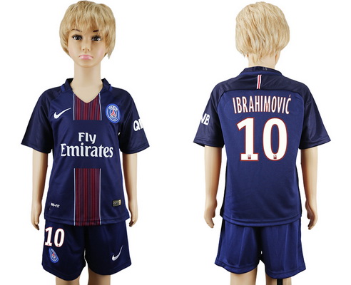 2016-17 Paris St-Germain #10 IBRAHIMOVIC Home Soccer Youth Navy Blue Shirt Kit