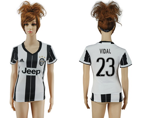 2016-17 Juventus #23 VIDAL Home Soccer Women's White and Black AAA+ Shirt