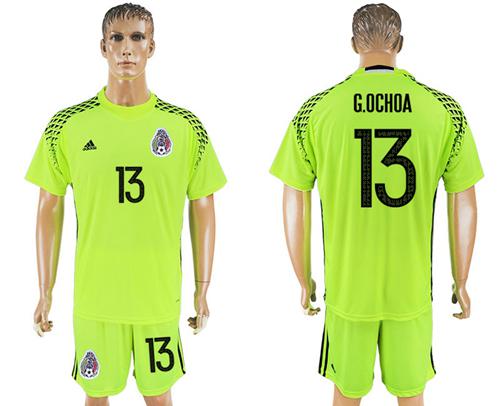 Mexico #13 G.Ochoa Shiny Green Goalkeeper Soccer Country Jersey