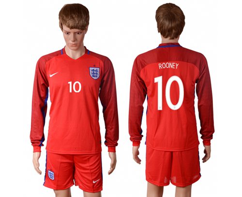 England #10 Rooney Away Long Sleeves Soccer Country Jersey