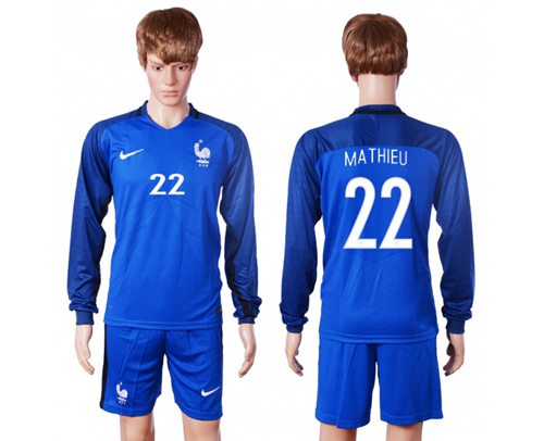 France #22 Mathieu Home Long Sleeves Soccer Country Jersey