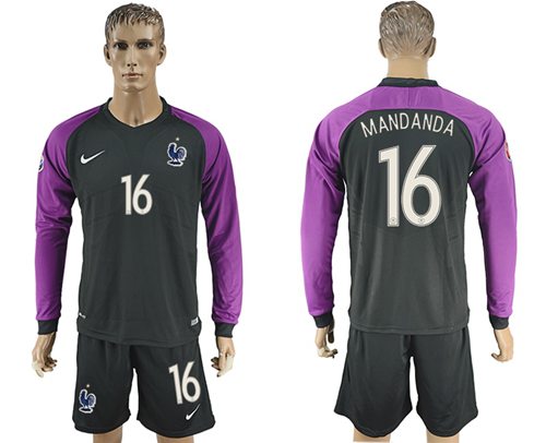 France #16 Mandanda Black Goalkeeper Long Sleeves Soccer Country Jersey