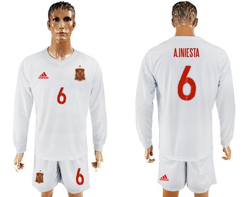 Spain #6 A.Iniesta White Away Long Sleeves Soccer Country Jersey