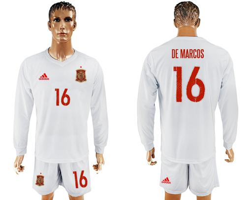 Spain #16 De Marcos White Away Long Sleeves Soccer Country Jersey