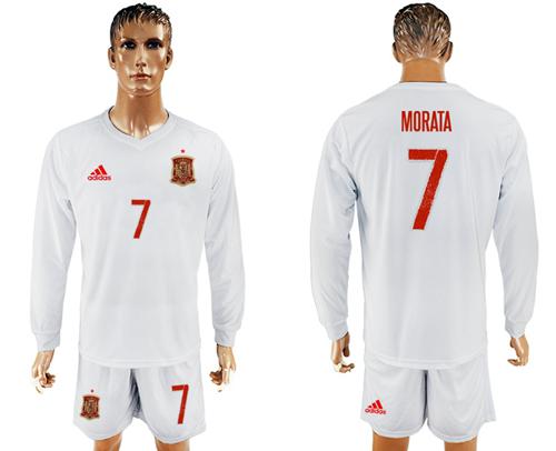 Spain #7 Morata White Away Long Sleeves Soccer Country Jersey