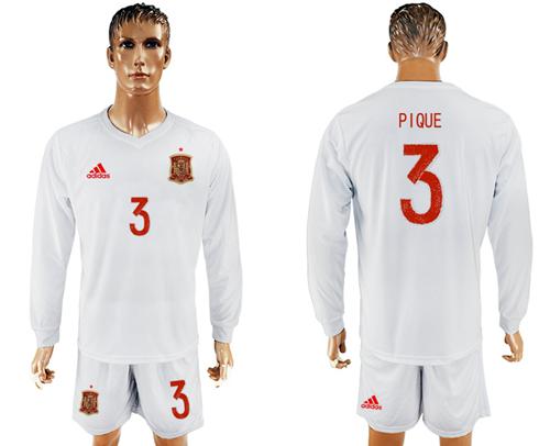 Spain #3 Pique White Away Long Sleeves Soccer Country Jersey