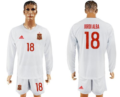 Spain #18 Jordi Alba White Away Long Sleeves Soccer Country Jersey