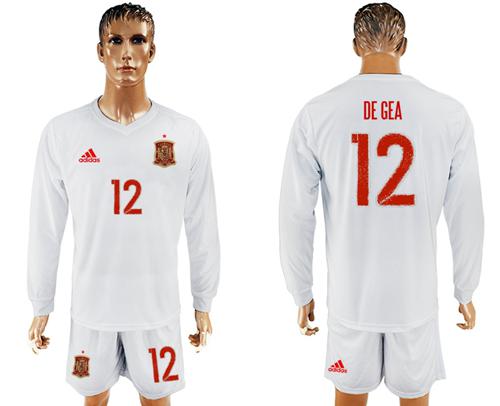 Spain #12 De Gea White Away Long Sleeves Soccer Country Jersey