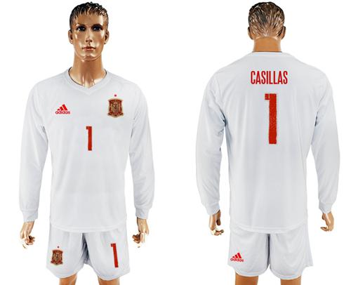 Spain #1 Casillas White Away Long Sleeves Soccer Country Jersey