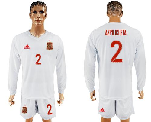 Spain #2 Azpilicueta White Away Long Sleeves Soccer Country Jersey