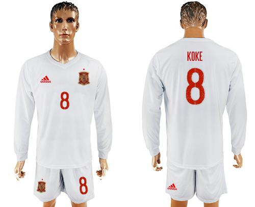 Spain #8 Koke White Away Long Sleeves Soccer Country Jersey