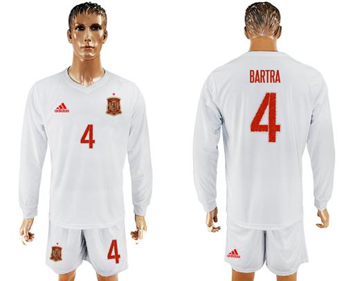 Spain #4 Bartra White Away Long Sleeves Soccer Country Jersey