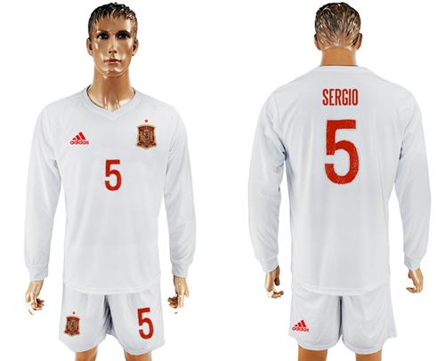 Spain #5 Sergio White Away Long Sleeves Soccer Country Jerse