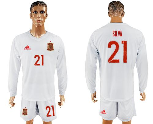 Spain #21 Silva White Away Long Sleeves Soccer Country Jersey