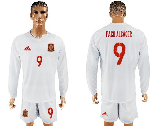 Spain #9 Paco Alcacer White Away Long Sleeves Soccer Country Jersey