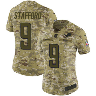 Nike Lions #9 Matthew Stafford Camo Women's Stitched NFL Limited 2018 Salute to Service Jersey