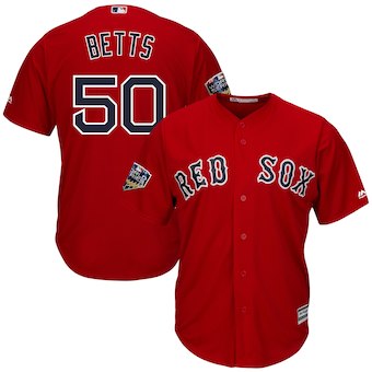 Men's Boston Red Sox #50 Mookie Betts Majestic Scarlet 2018 World Series Cool Base Player Jersey