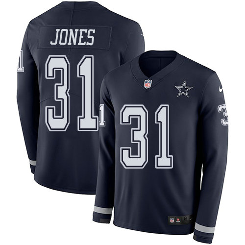 Nike Cowboys 31 Byron Jones Navy Blue Team Color Men's Stitched NFL Limited Therma Long Sleeve Jersey