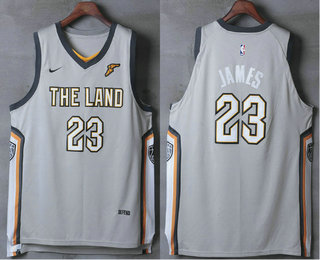 Men's Cleveland Cavaliers #23 LeBron James Gray The Land 2017-2018 Nike Authentic Stitched NBA Jersey