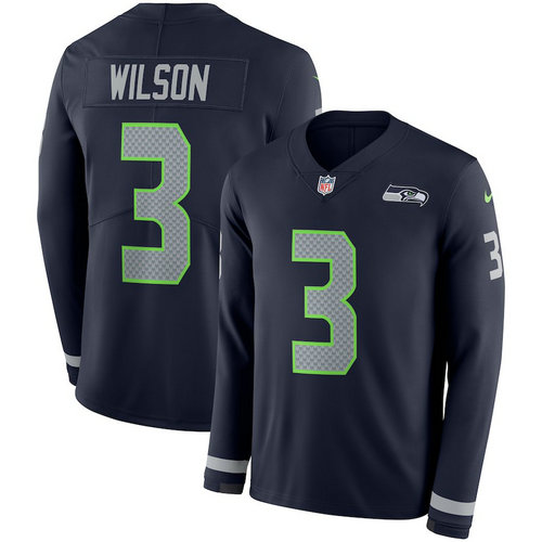 Men Nike Seattle Seahawks 3 Russell Wilson Blue Therma Long Sleeve Jersey