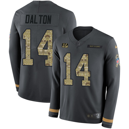 Nike Bengals #14 Andy Dalton Anthracite Salute to Service Men's Stitched NFL Limited Therma Long Sleeve Jersey