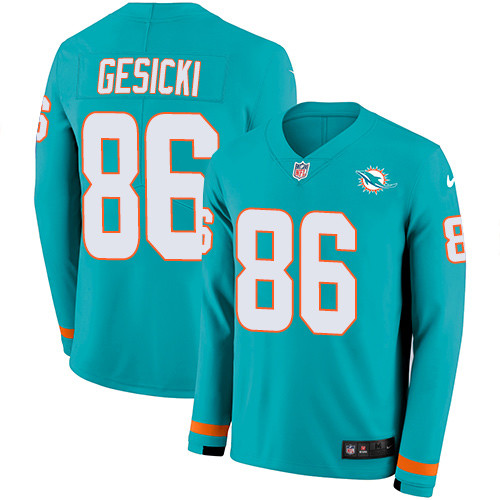 Nike Dolphins #86 Mike Gesicki Aqua Green Team Color Men's Stitched NFL Limited Therma Long Sleeve Jersey