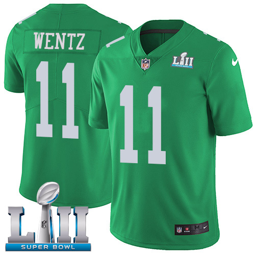 Men's Nike Eagles #11 Carson Wentz Green Super Bowl LII Stitched NFL Limited Rush Jersey