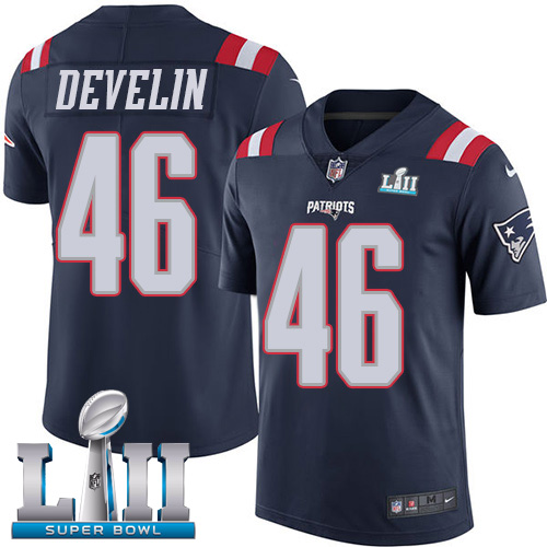 Men's Nike Patriots #46 James Develin Navy Blue Super Bowl LII Stitched NFL Limited Rush Jersey