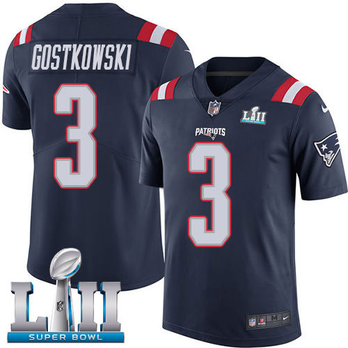 Men's Nike Patriots #3 Stephen Gostkowski Navy Blue Super Bowl LII Stitched NFL Limited Rush Jersey