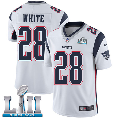 Men's Nike Patriots #28 James White White Super Bowl LII Stitched NFL Vapor Untouchable Limited Jersey