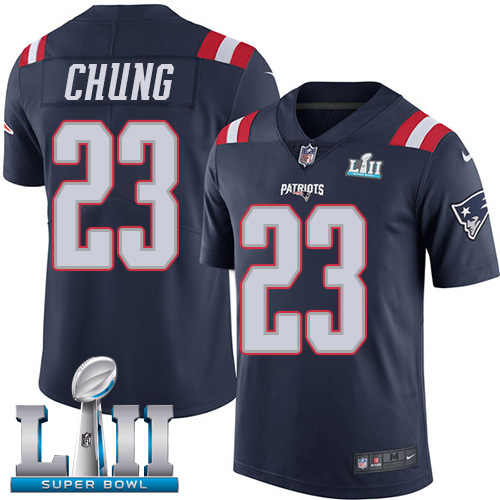 Men's Nike Patriots #23 Patrick Chung Navy Blue Super Bowl LII Stitched NFL Limited Rush Jersey