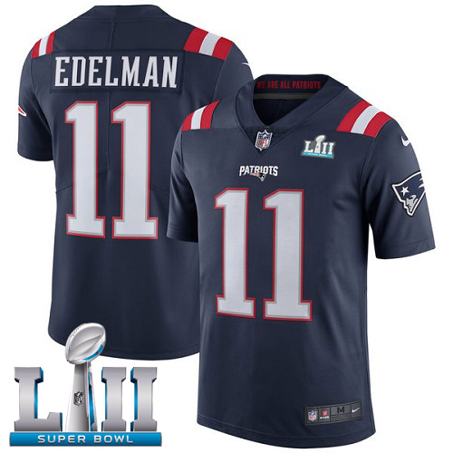 Men's Nike Patriots #11 Julian Edelman Navy Blue Super Bowl LII Stitched NFL Limited Rush Jersey