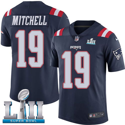 Men's Nike Patriots #19 Malcolm Mitchell Navy Blue Super Bowl LII Stitched NFL Limited Rush Jersey