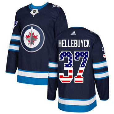 Adidas Jets #37 Connor Hellebuyck Navy Blue Home Authentic USA Flag Stitched NHL Jersey